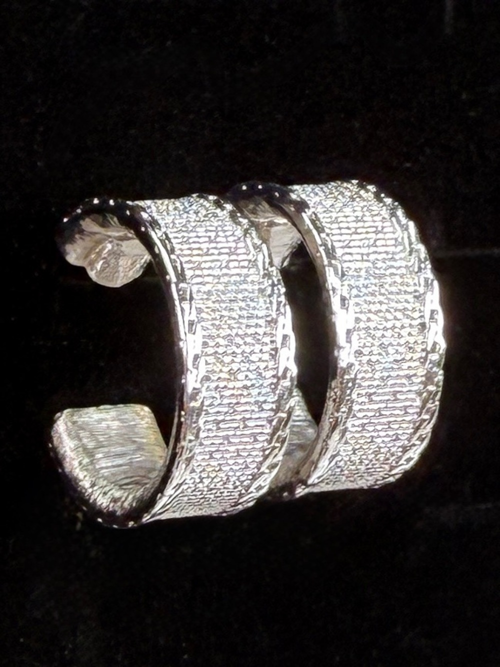 Vintage Silver Tone Textured Double Band Wide Pierced Earrings